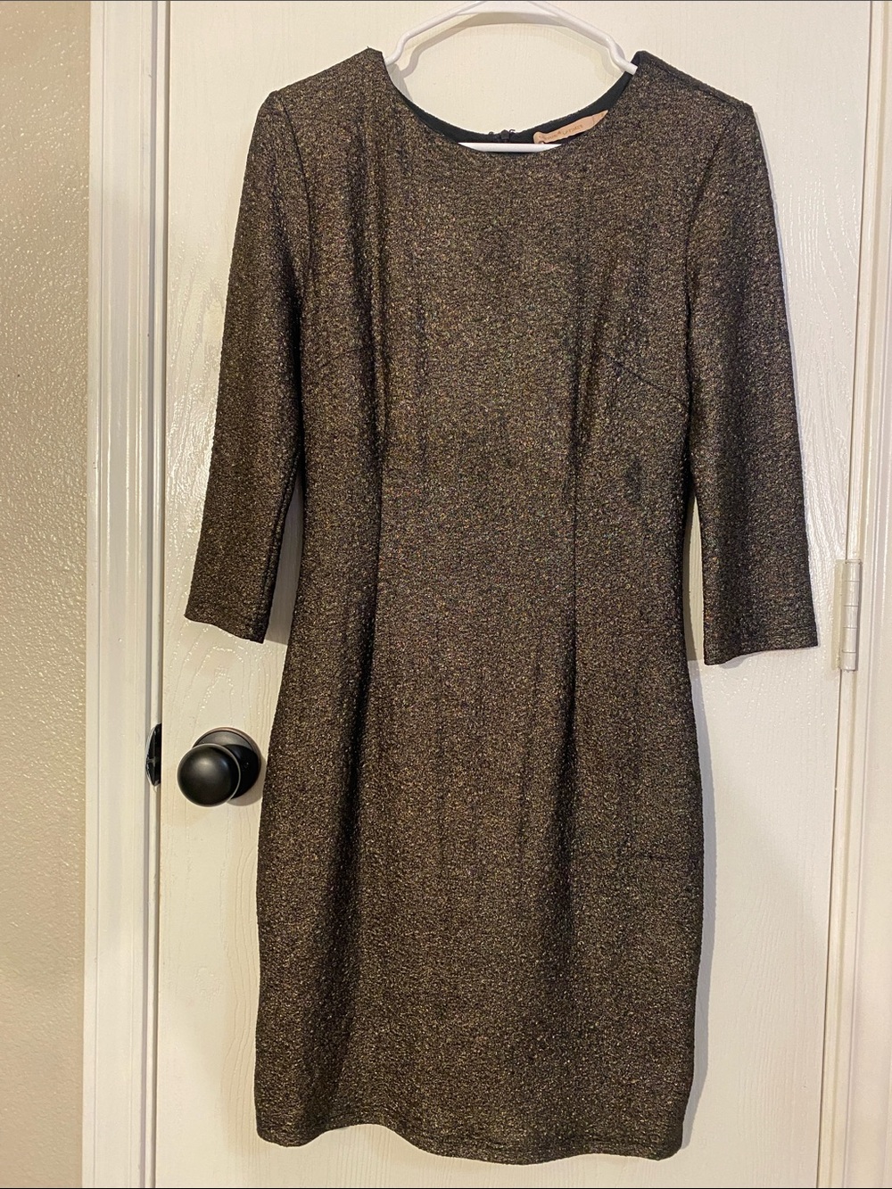 Gibson Metallic Bronze Sheath Dress with 3/4 Sleeves